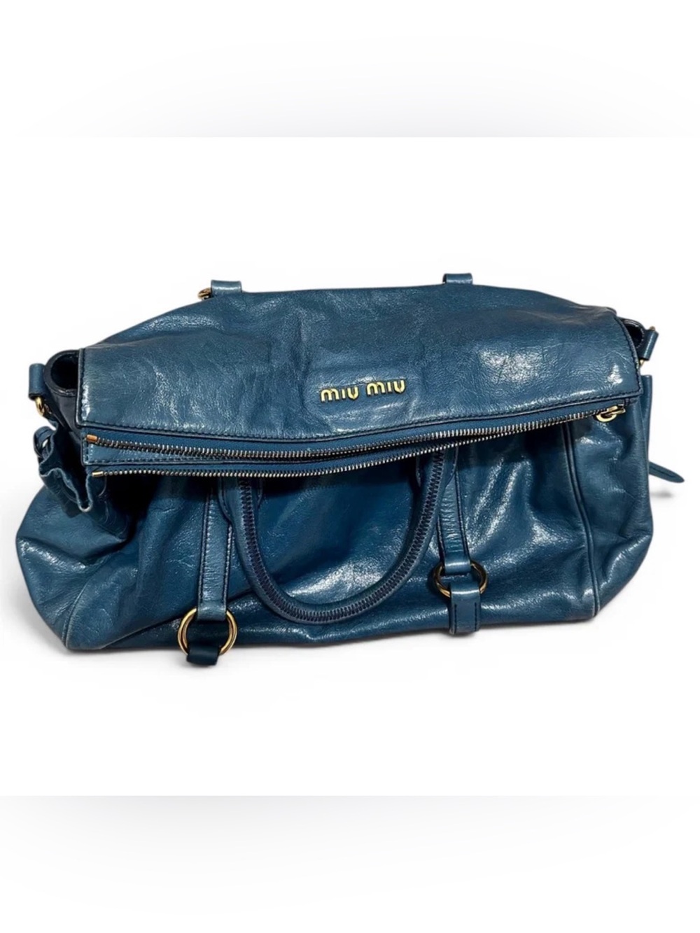 Miu Miu Teal Blue Leather Duffel with Gold Hardware